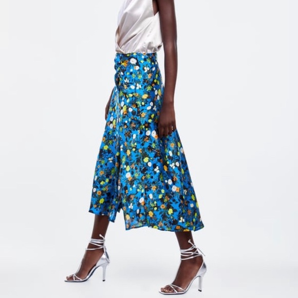 Zara Skirts Zara Blue Satin Floral Skirt Poshmark